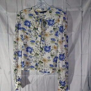 Rachel Rachel Roy Gail  floral sheer boho cottagecore long sleeve tie neck top